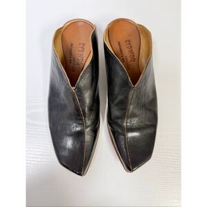 CYDWOQ Vintage Black Leather Mules 37 7 Wood Kitten Heel